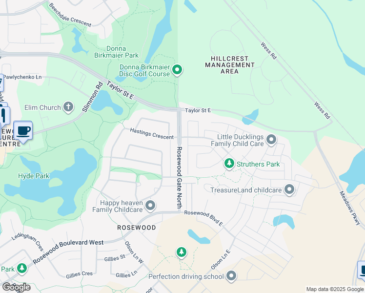 map of restaurants, bars, coffee shops, grocery stores, and more near 7 Rosewood Gate North in Saskatoon