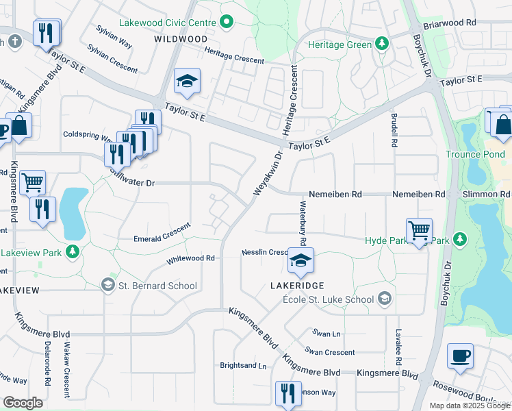 map of restaurants, bars, coffee shops, grocery stores, and more near 167 Weyakwin Drive in Saskatoon
