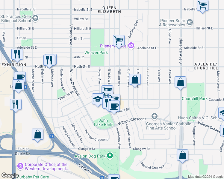 map of restaurants, bars, coffee shops, grocery stores, and more near 2513 Broadway Avenue in Saskatoon