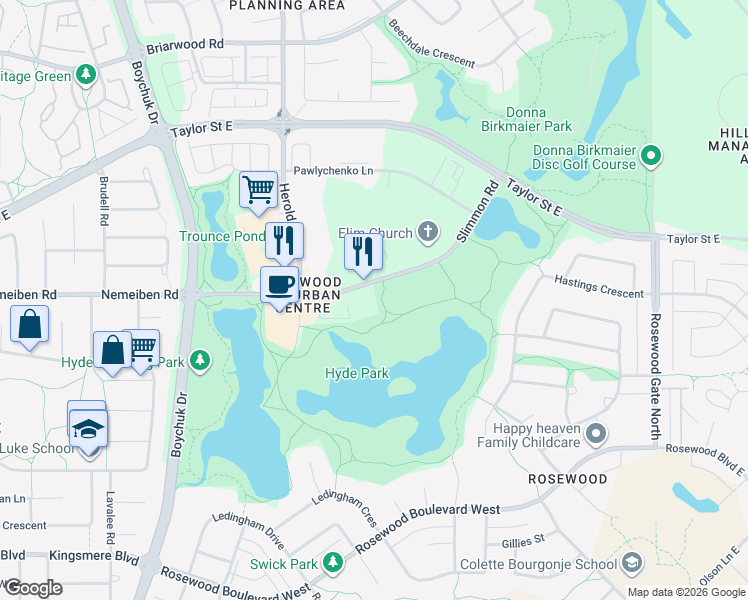 map of restaurants, bars, coffee shops, grocery stores, and more near 230 Slimmon Road in Saskatoon