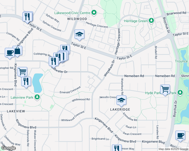 map of restaurants, bars, coffee shops, grocery stores, and more near 400 Weyakwin Drive in Saskatoon