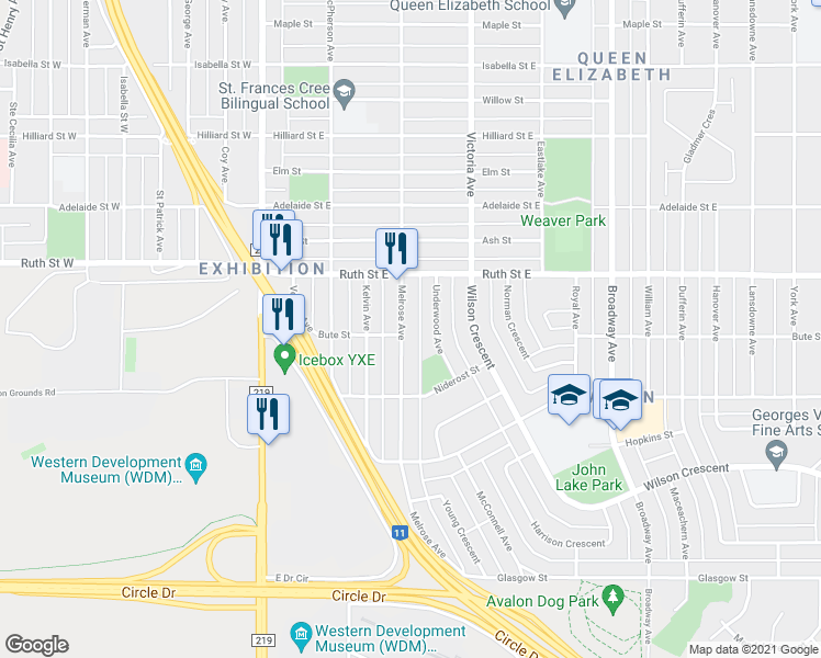 map of restaurants, bars, coffee shops, grocery stores, and more near 2433 Melrose Avenue in Saskatoon