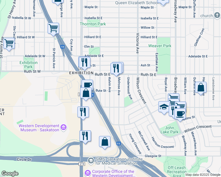 map of restaurants, bars, coffee shops, grocery stores, and more near 2414 Kelvin Avenue in Saskatoon