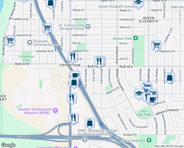 map of restaurants, bars, coffee shops, grocery stores, and more near 2414 Kelvin Avenue in Saskatoon