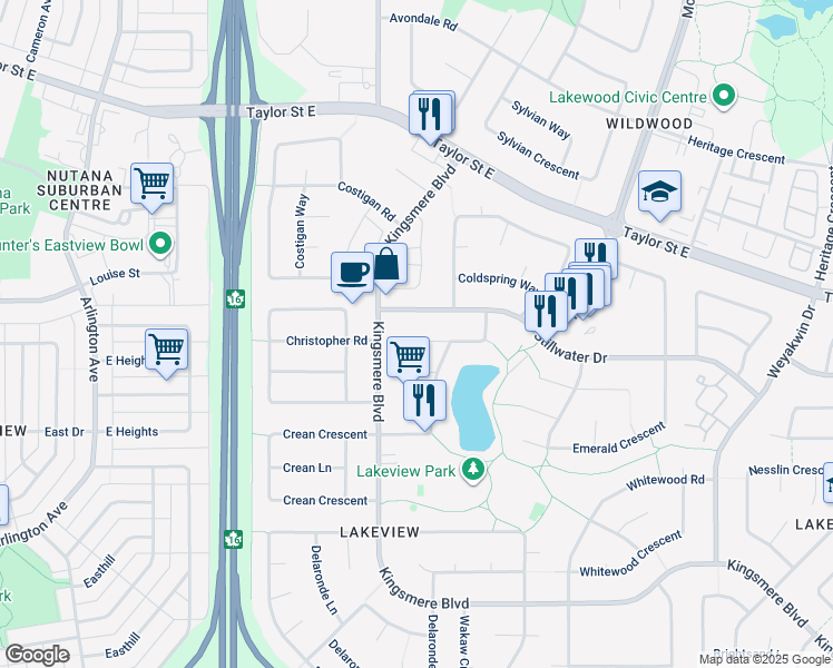 map of restaurants, bars, coffee shops, grocery stores, and more near 219 Lakeshore Place in Saskatoon