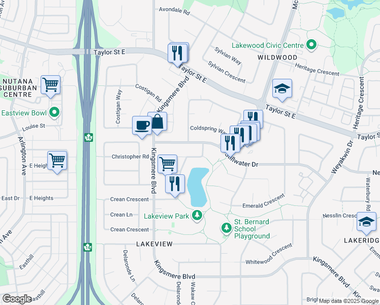 map of restaurants, bars, coffee shops, grocery stores, and more near 131 Lakeshore Crescent in Saskatoon