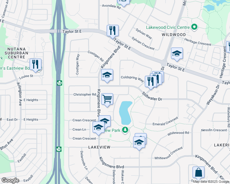map of restaurants, bars, coffee shops, grocery stores, and more near 131 Lakeshore Crescent in Saskatoon