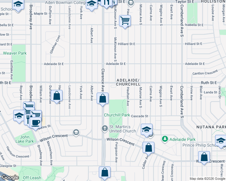 map of restaurants, bars, coffee shops, grocery stores, and more near 1010 Ruth Street East in Saskatoon