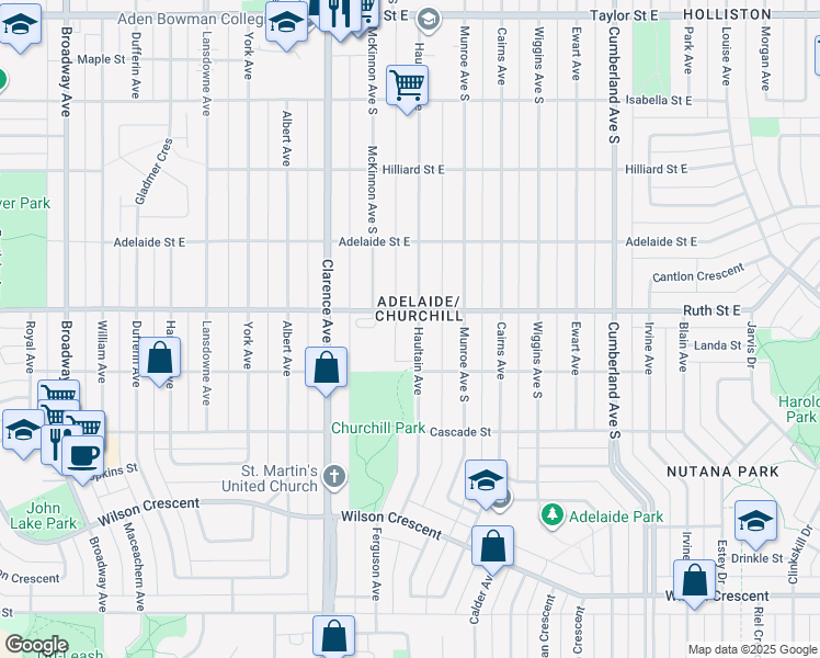 map of restaurants, bars, coffee shops, grocery stores, and more near 2410 Haultain Avenue in Saskatoon