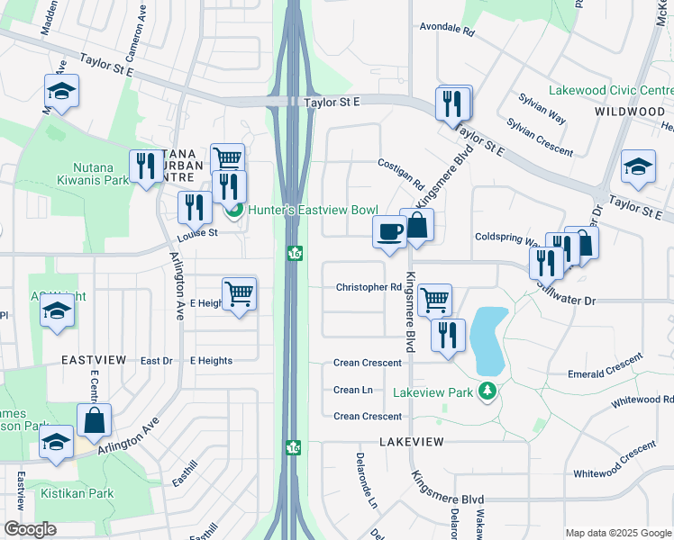 map of restaurants, bars, coffee shops, grocery stores, and more near 262 Christopher Crescent in Saskatoon