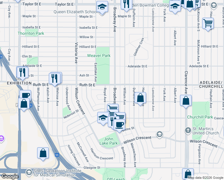 map of restaurants, bars, coffee shops, grocery stores, and more near 2410 Broadway Avenue in Saskatoon