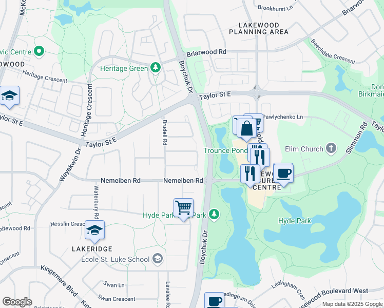 map of restaurants, bars, coffee shops, grocery stores, and more near 411 Franklin Crescent in Saskatoon