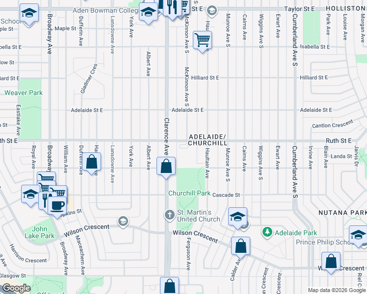 map of restaurants, bars, coffee shops, grocery stores, and more near 1010 Ruth Street East in Saskatoon