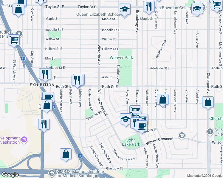 map of restaurants, bars, coffee shops, grocery stores, and more near 1 Norman Crescent in Saskatoon