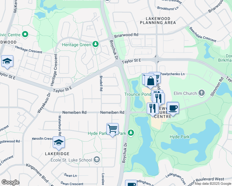 map of restaurants, bars, coffee shops, grocery stores, and more near 414 Franklin Crescent in Saskatoon