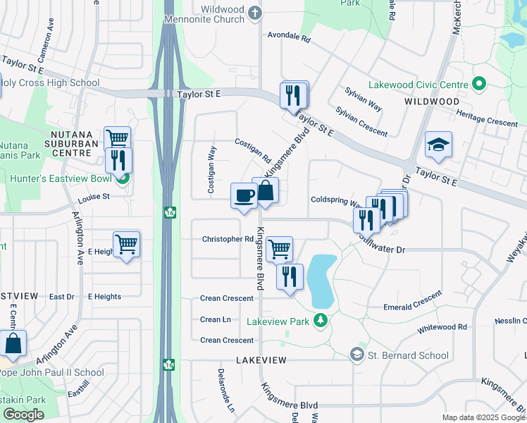 map of restaurants, bars, coffee shops, grocery stores, and more near 335 Kingsmere Boulevard in Saskatoon