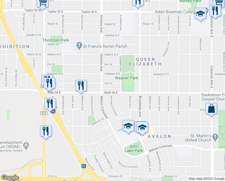 map of restaurants, bars, coffee shops, grocery stores, and more near 421 Ruth Street East in Saskatoon