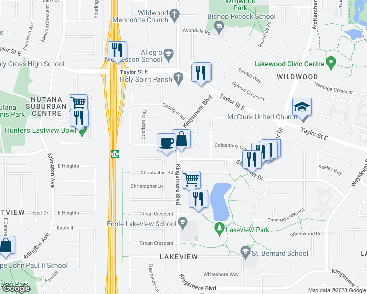 map of restaurants, bars, coffee shops, grocery stores, and more near 335 Kingsmere Boulevard in Saskatoon