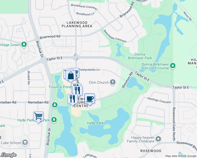 map of restaurants, bars, coffee shops, grocery stores, and more near 143 Pawlychenko Lane in Saskatoon