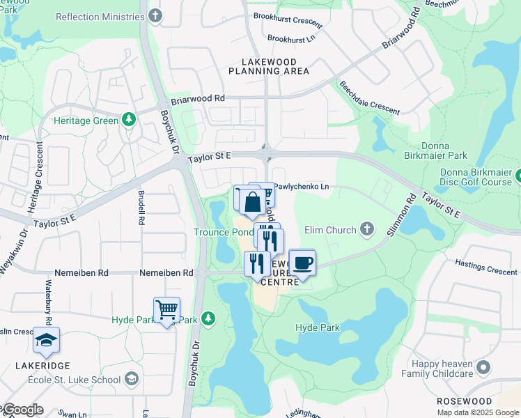 map of restaurants, bars, coffee shops, grocery stores, and more near 243 Herold Terrace in Saskatoon