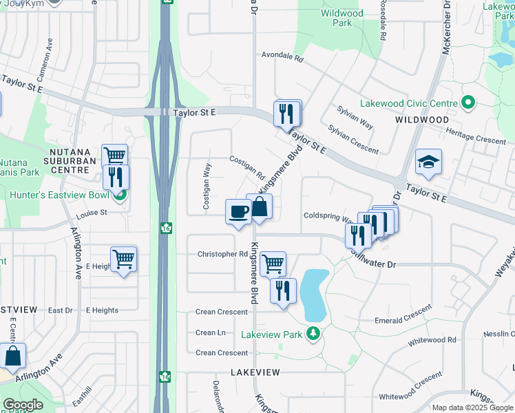 map of restaurants, bars, coffee shops, grocery stores, and more near 335 Kingsmere Boulevard in Saskatoon