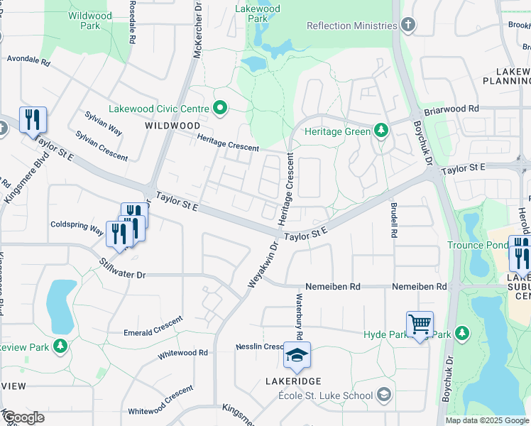 map of restaurants, bars, coffee shops, grocery stores, and more near 644 Heritage Lane in Saskatoon