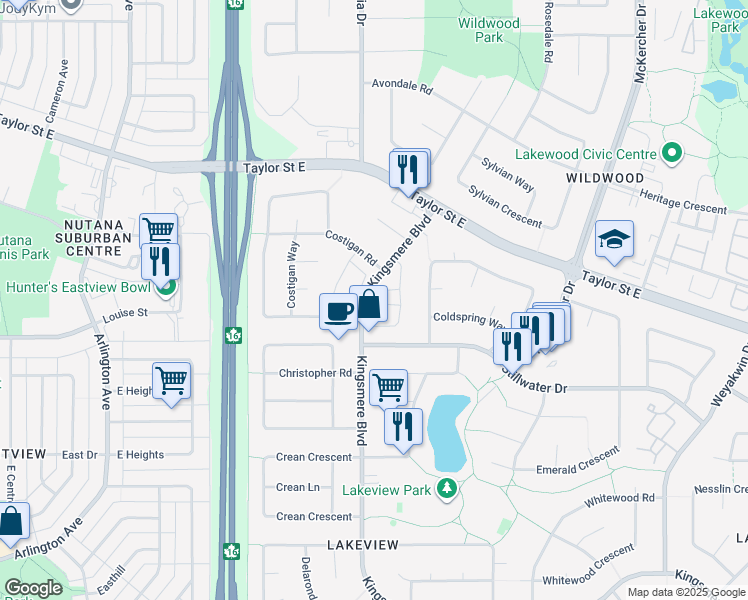 map of restaurants, bars, coffee shops, grocery stores, and more near 315 Kingsmere Boulevard in Saskatoon