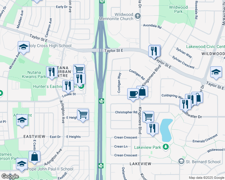 map of restaurants, bars, coffee shops, grocery stores, and more near 446 Costigan Road in Saskatoon