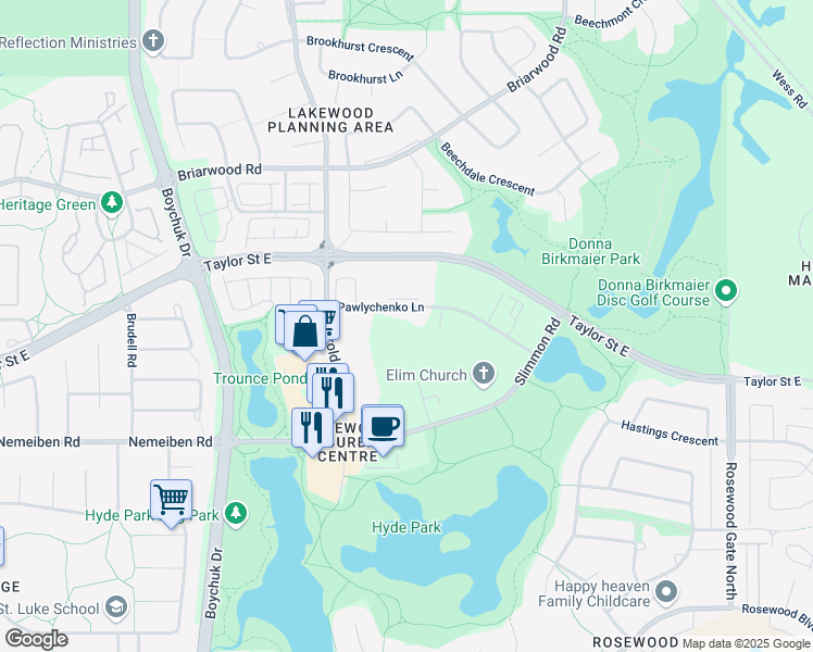 map of restaurants, bars, coffee shops, grocery stores, and more near 135 Pawlychenko Lane in Saskatoon
