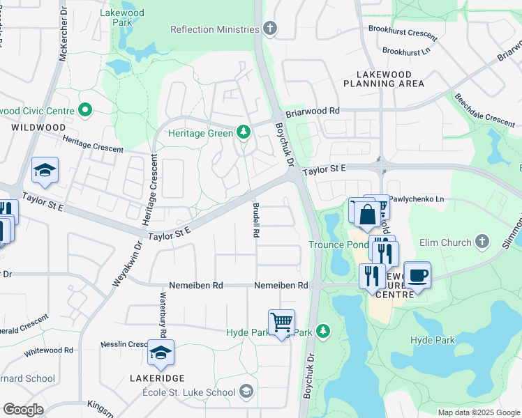 map of restaurants, bars, coffee shops, grocery stores, and more near 427 Keller Crescent in Saskatoon
