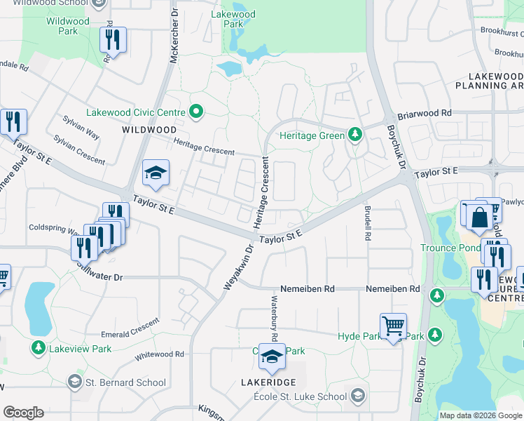 map of restaurants, bars, coffee shops, grocery stores, and more near 710 Heritage Lane in Saskatoon