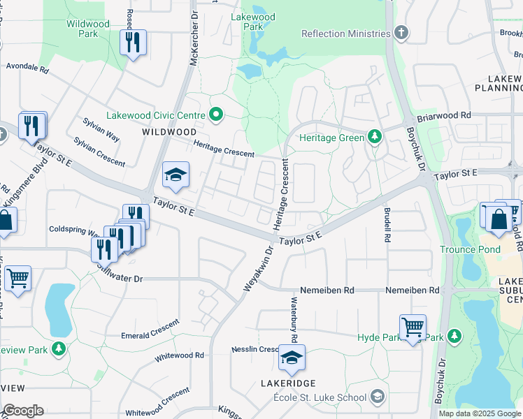 map of restaurants, bars, coffee shops, grocery stores, and more near 644 Heritage Lane in Saskatoon