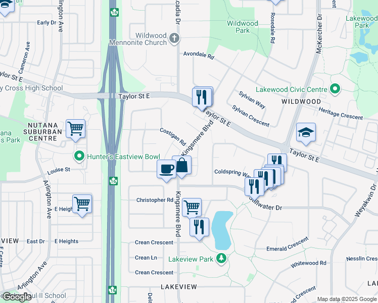 map of restaurants, bars, coffee shops, grocery stores, and more near 130 Kingsmere Boulevard in Saskatoon