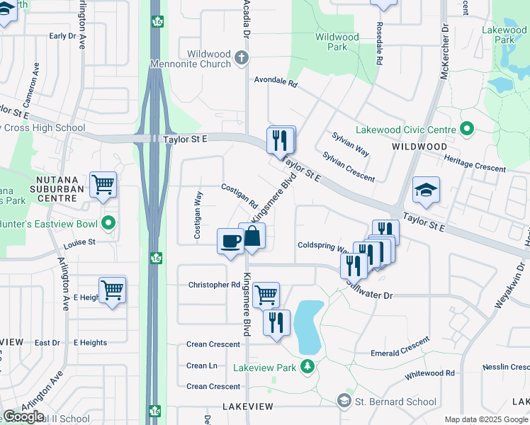 map of restaurants, bars, coffee shops, grocery stores, and more near 130 Kingsmere Boulevard in Saskatoon
