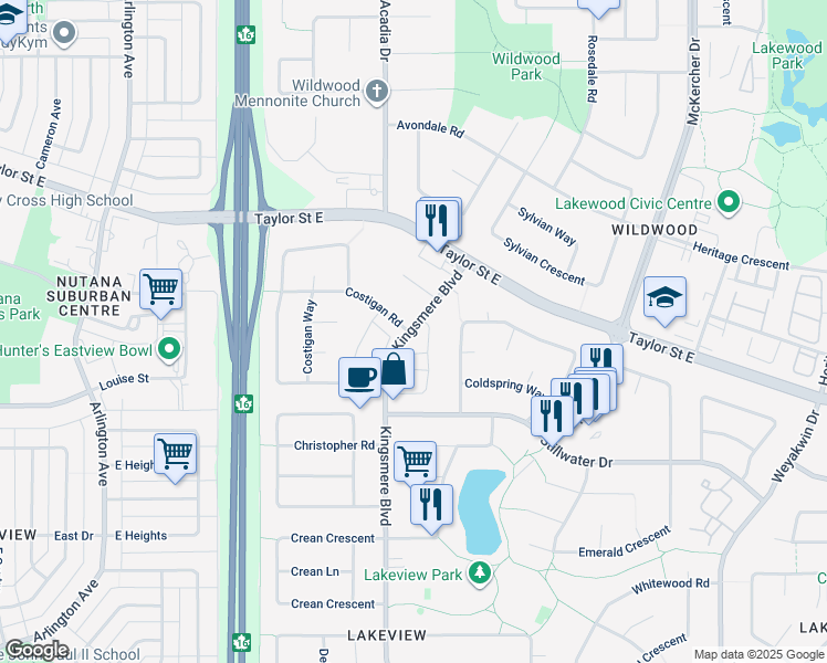 map of restaurants, bars, coffee shops, grocery stores, and more near 130 Kingsmere Boulevard in Saskatoon