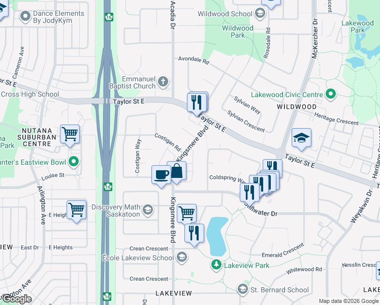 map of restaurants, bars, coffee shops, grocery stores, and more near 265 Kingsmere Boulevard in Saskatoon