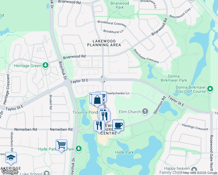 map of restaurants, bars, coffee shops, grocery stores, and more near 102 Pawlychenko Lane in Saskatoon