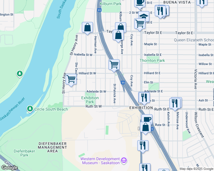 map of restaurants, bars, coffee shops, grocery stores, and more near 2227 Saint Andrews Avenue in Saskatoon