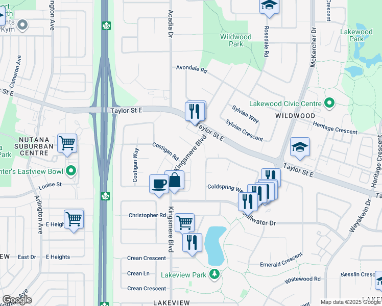 map of restaurants, bars, coffee shops, grocery stores, and more near 130 Kingsmere Boulevard in Saskatoon