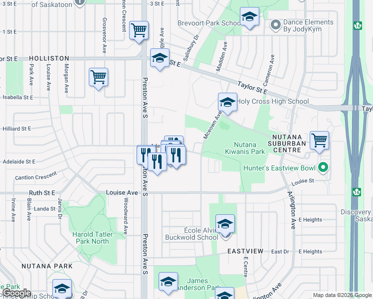 map of restaurants, bars, coffee shops, grocery stores, and more near 2301 Adelaide Street East in Saskatoon