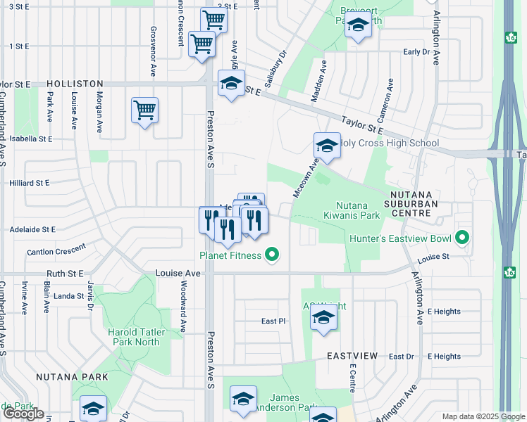 map of restaurants, bars, coffee shops, grocery stores, and more near 2213 Adelaide Street East in Saskatoon