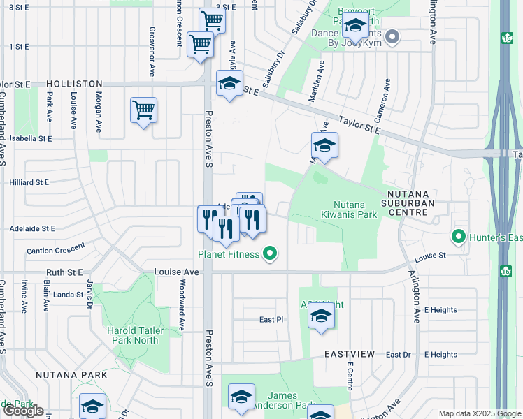 map of restaurants, bars, coffee shops, grocery stores, and more near 2213 Adelaide Street East in Saskatoon
