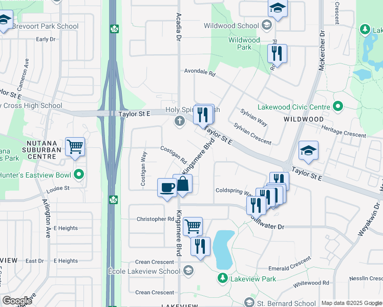 map of restaurants, bars, coffee shops, grocery stores, and more near 130 Kingsmere Boulevard in Saskatoon