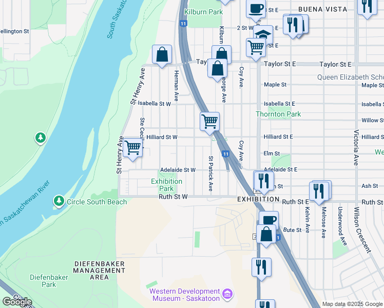 map of restaurants, bars, coffee shops, grocery stores, and more near 2227 Saint Andrews Avenue in Saskatoon