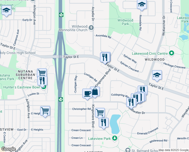 map of restaurants, bars, coffee shops, grocery stores, and more near 119 Costigan Road in Saskatoon