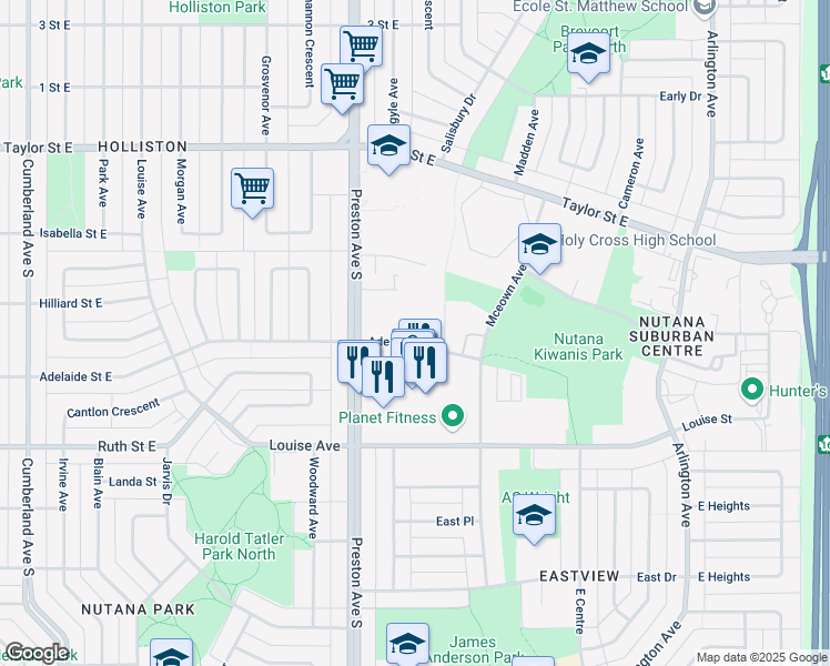map of restaurants, bars, coffee shops, grocery stores, and more near 2213 Adelaide Street East in Saskatoon