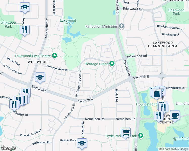 map of restaurants, bars, coffee shops, grocery stores, and more near 415 Heritage Crescent in Saskatoon