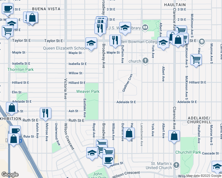 map of restaurants, bars, coffee shops, grocery stores, and more near 2214 William Avenue in Saskatoon