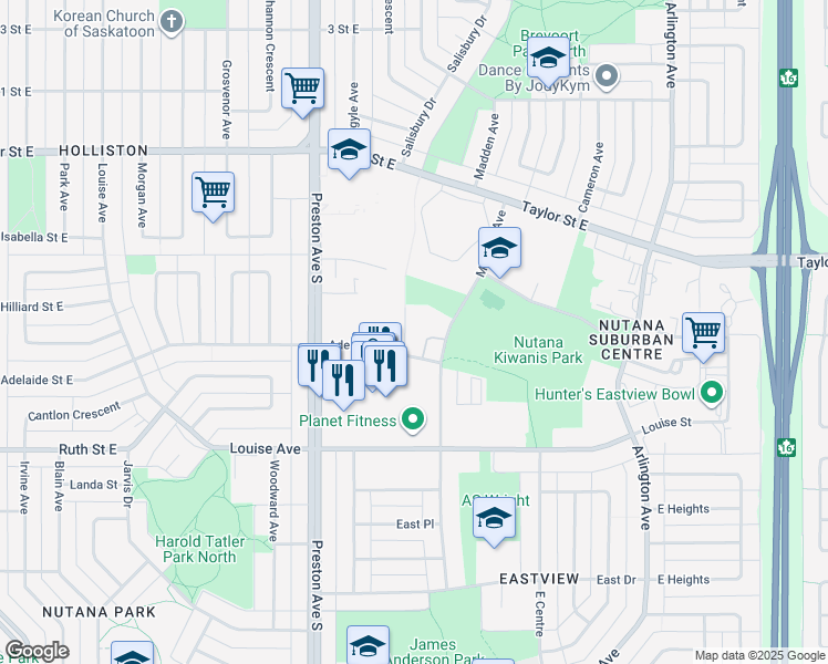 map of restaurants, bars, coffee shops, grocery stores, and more near 2301 Adelaide Street East in Saskatoon