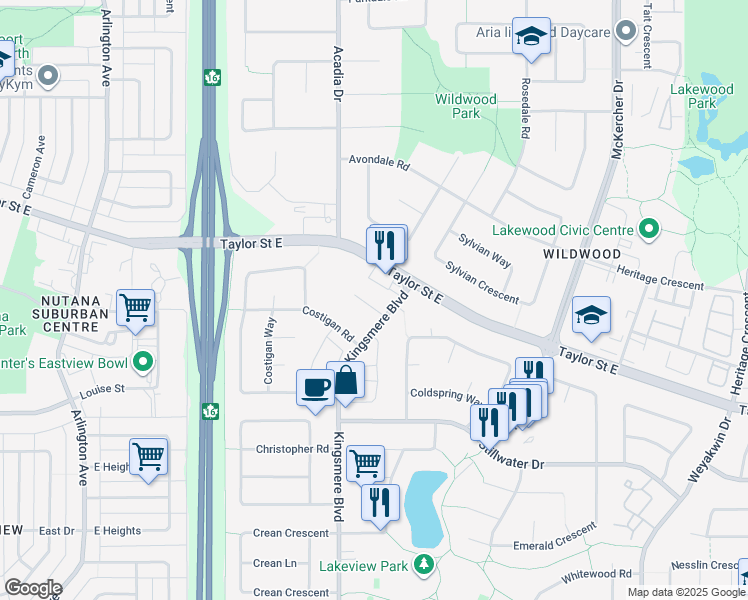 map of restaurants, bars, coffee shops, grocery stores, and more near 130 Kingsmere Boulevard in Saskatoon